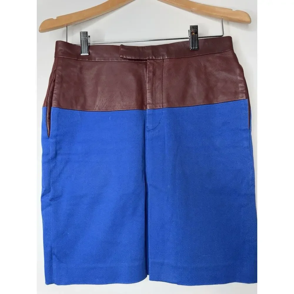 SCYE Midi Skirt 38 Blue Stretch Brown Leather Pencil Lined With Pockets Japan - Picture 2 of 13